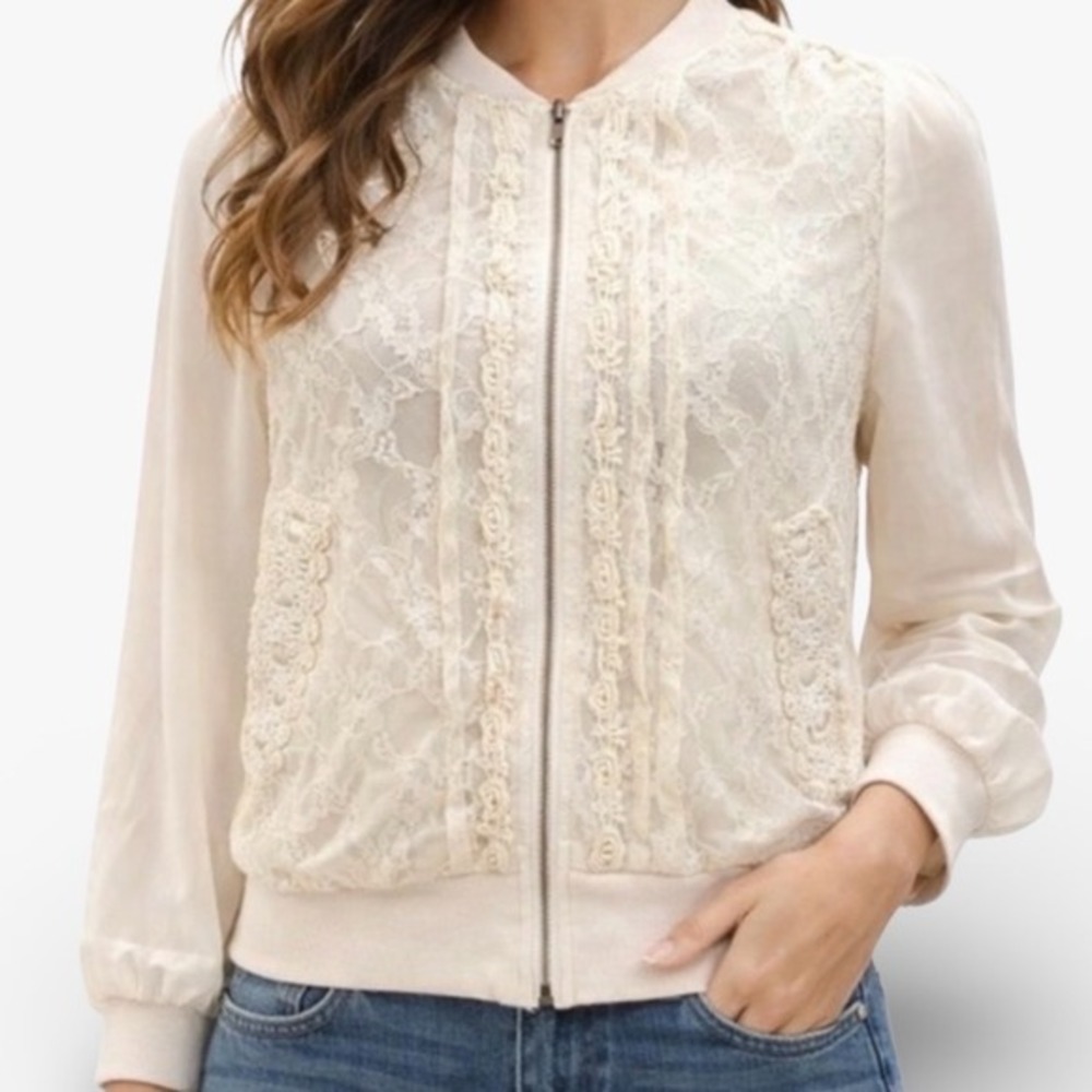 Axes Femme Cream Lace‎ Chiffon Bomber Jacket Romantic Coquette Victorian Ivory M